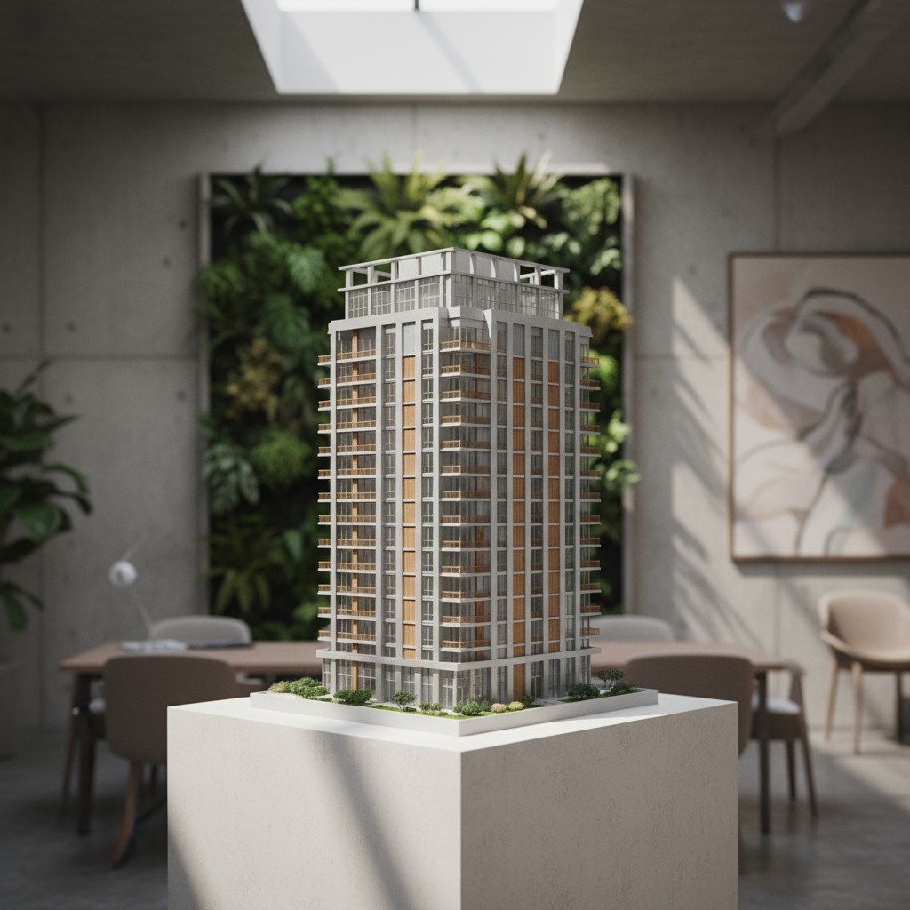 An architectural model of a high-rise building posed on a white pedestal; behind is a concrete office room with wondrous c...