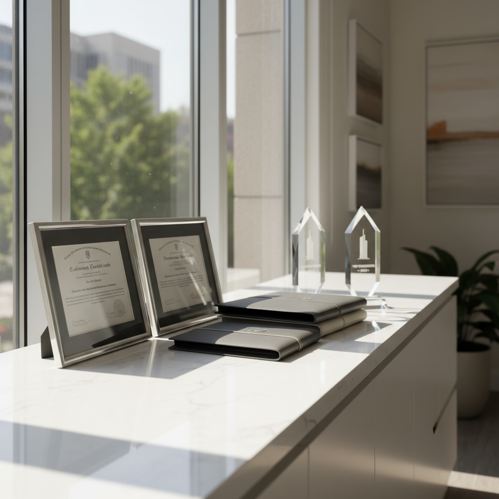 Collection of office awards and certificates on a white countertop, a windowed wall with trees in the background.