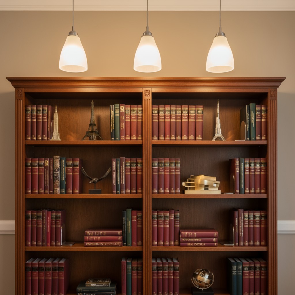 A large wooden bookshelf with white lamp shades suspended above it, adorned with various small items and stacked books of ...
